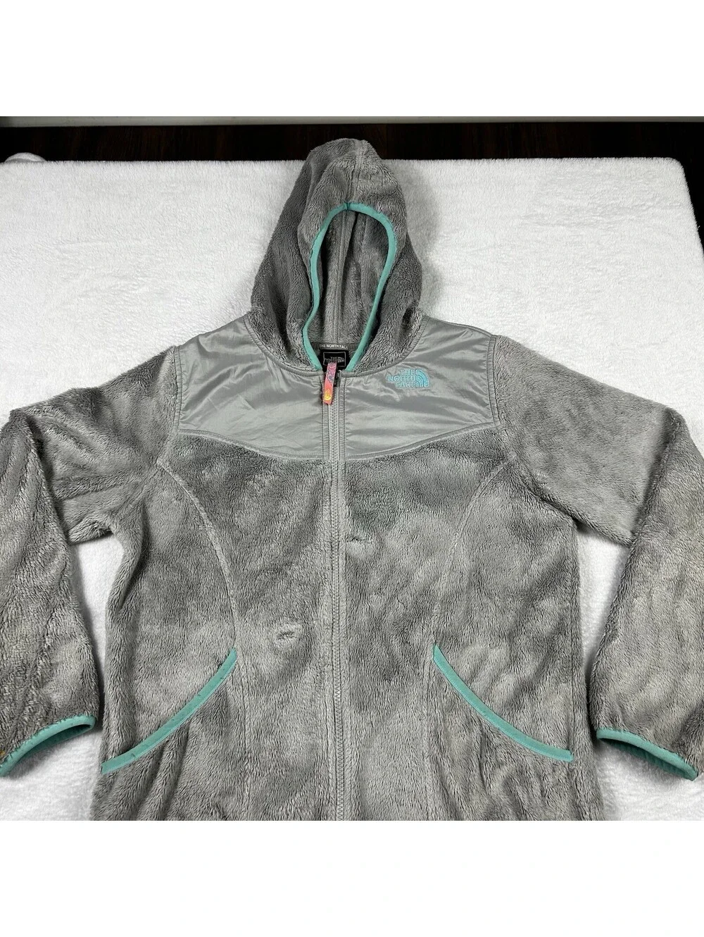 The North Face Girls XL 18 Gray Turquoise Fleece Full Zip Hooded Jacket